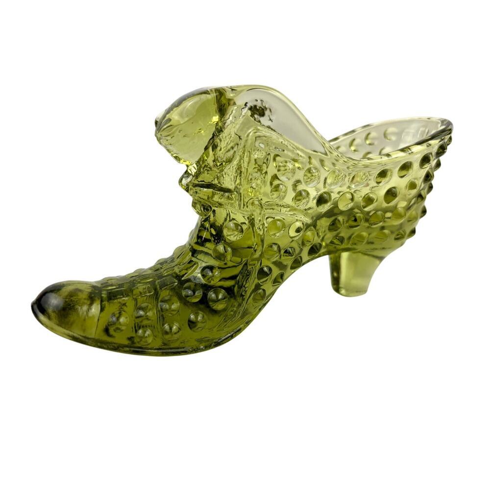 VTG Fenton Hobnail Cat Head Colonial Olive Green Glass Slipper Shoe‎